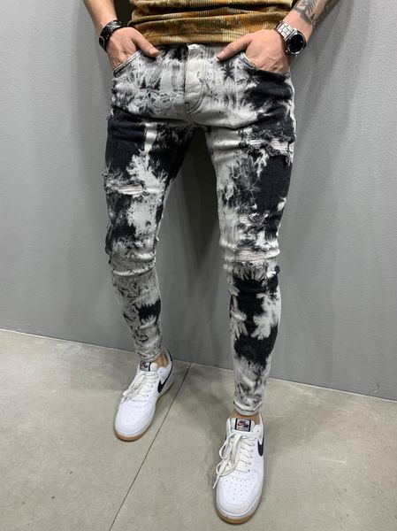 

ebaihui 2021 european and american men's tie-dye jeans casual small feet stretch pants fashion denim men's pants nk92, Blue