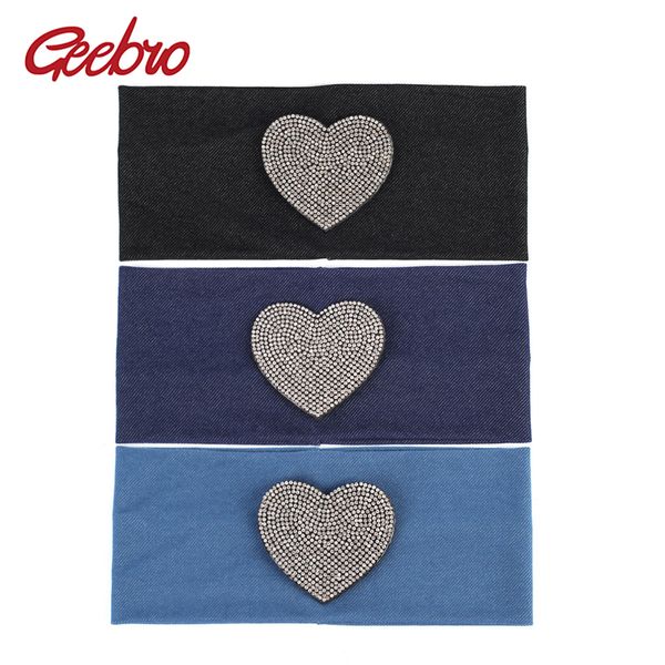 

geebro women's headbands fashion double heart rhinestones elastic flat jean headband for girls stretch hair band turban wrap