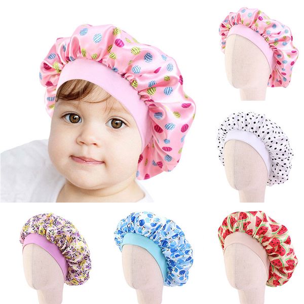 

2020 lovely casual large kids nightcap turban bonnet satin polyester adjustable hat sleep cap beanie for children colorful, Slivery;white