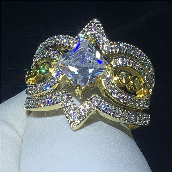 

unique design ring sets 925 sterling silver 5a cz stone anniversary wedding band ring for women men party jewelry, Slivery;golden