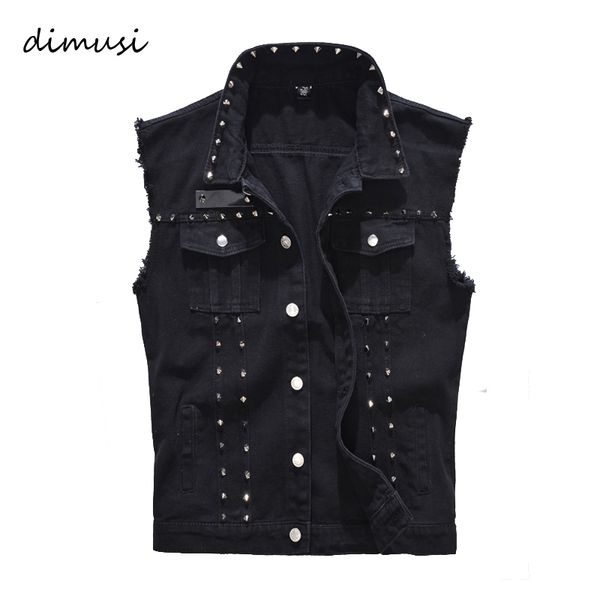 

dimusi весна осень mens vest vintage denim jeans жилет мужской черная безрукавка мужчина rivet hole джинсы жилеты 5xl, ta338, Black;white