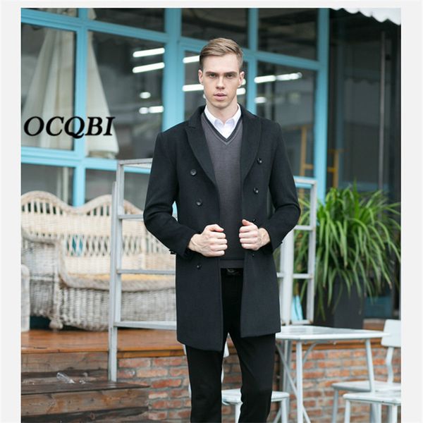 

plus size 2018 double breasted smart casual formal wool mens coats overcoats fashion winter dress coat mens, Black