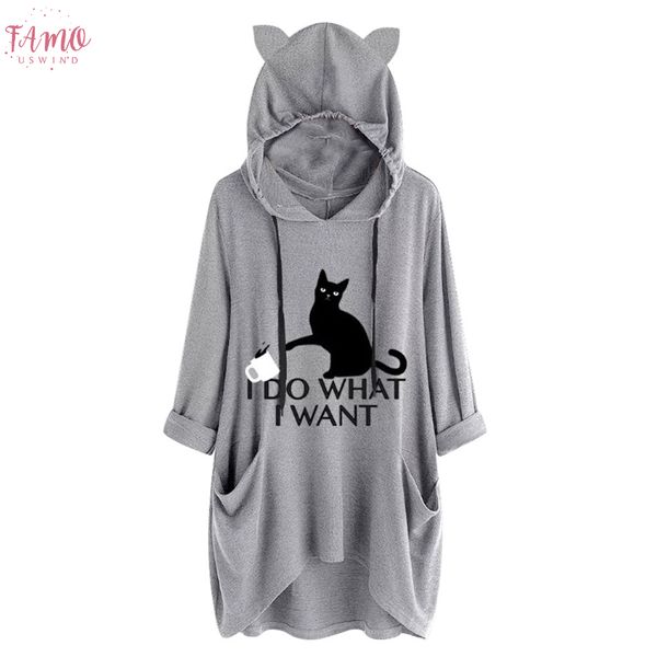 

square collar 2019 женщины повседневная толстовки печати cat ear длинные рукава roll up sleeve карманы нерегулярное топ блузка рубашки женск, Black