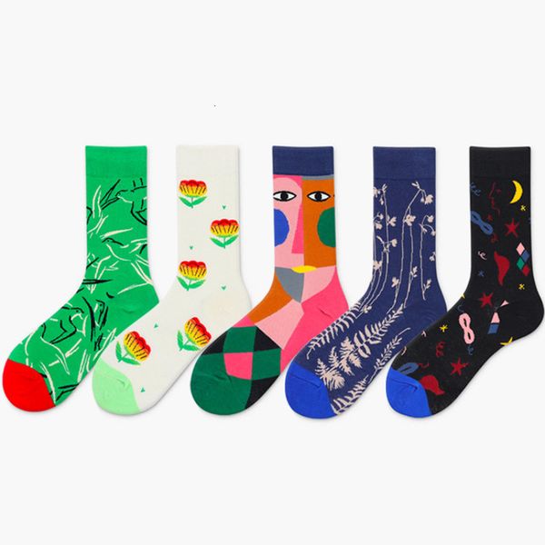 

combed cotton men's socks peonfly harajuku colorful happy funny big flower long warm dress socks male wedding christmas gift, Pink;yellow