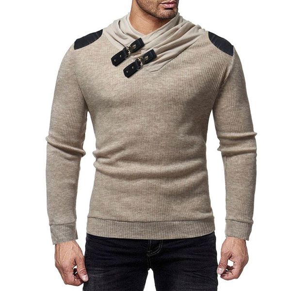 

sweater men 2018 new men's fashion leather buckle neckline splicing stylish men's slim cover knitted long sleeve sweater clothes, White;black