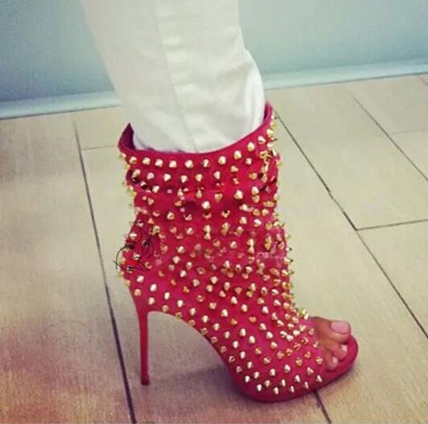 

punk booties gladiator high heels sandals boots women pumps shoes woman peep toe rivets women boots women moptorcycle boots for female, Black