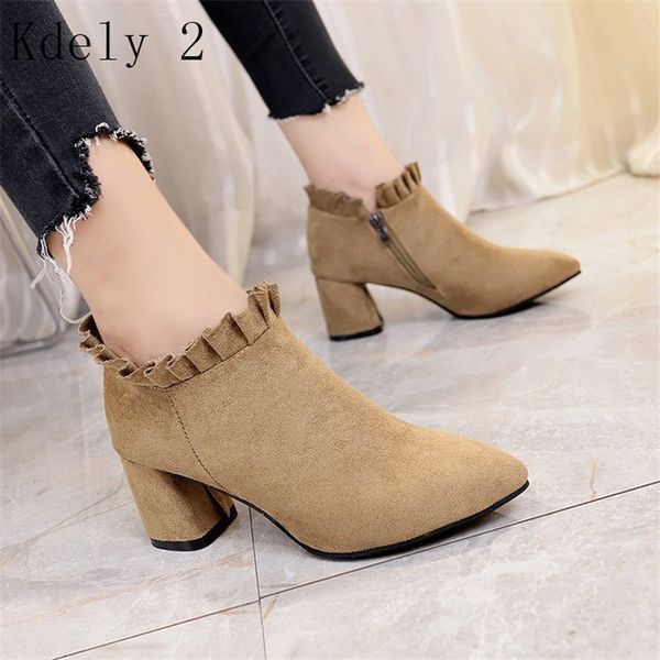 

women autumn suede ruffle ankle boots pointed toe square heels ladies side zip female fashion shoes flock casual botas, Black