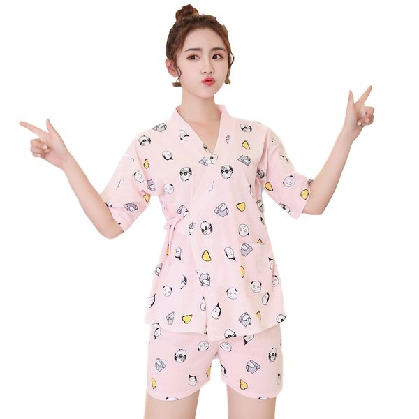 

2018 women pajamas set cartoon fruit floral print kimono pajamas girl casual short sleeve shirt shorts sleepwear pyjama, Blue;gray