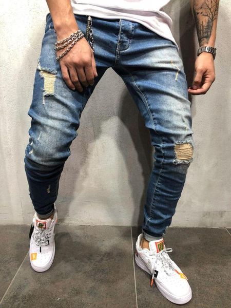 

europe and america new style fashion youth with holes skinny cowboy pants outside china mens wear supply of goods, Blue