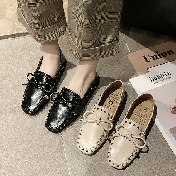 

rivets studs low heels slip on shoes for women 2020 fashion women's all-match square toe female footwear casual sneaker, Black