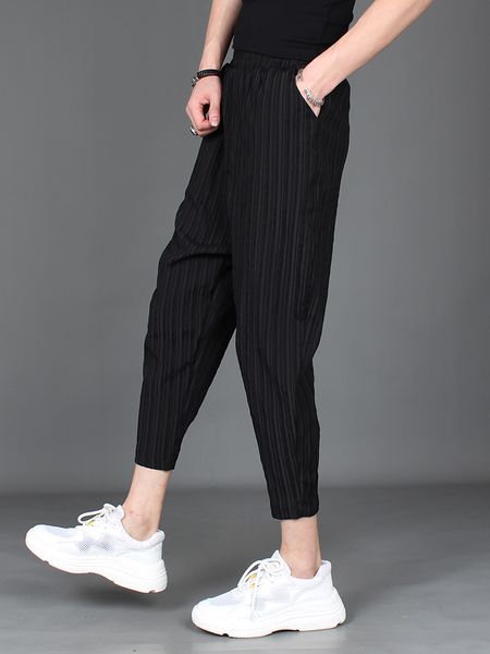 

m-xxl 2019 new men's striped nine pants summer craft wrinkle linen korean version of the slim feet pants casual pants, Black