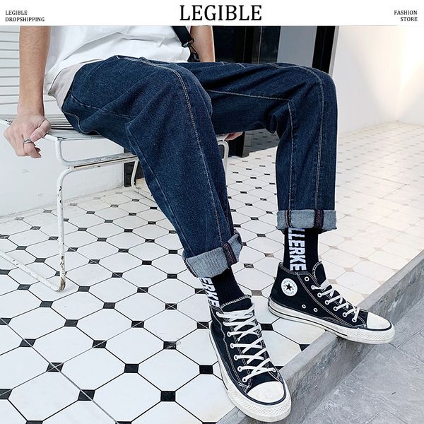

legible 2020 spring summer solid jeans mens casual denim pants loose fit trousers straight ankle-length pants men, Blue