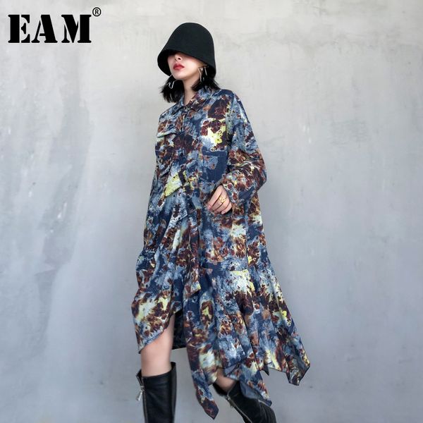 

eam] women pattern printed asymmetrical big size dress new lapel long sleeve loose fit fashion tide spring autumn 2020 1r661, Black;gray