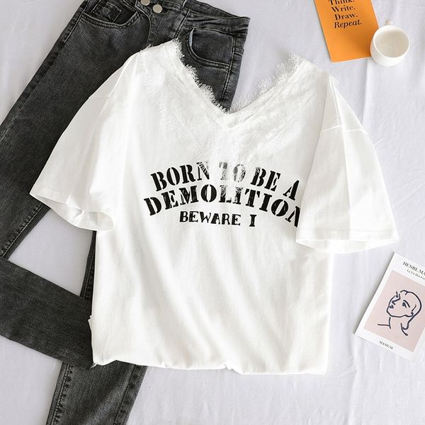

2020 collarbone t-shirt slim heart machine niche design sense lace stitching v-neck short-sleeved t-shirt women loose, White
