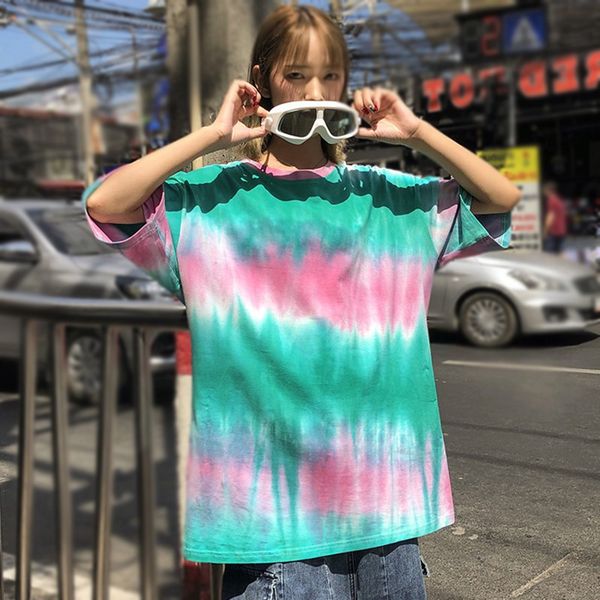 

повседневный шею tie dye печати с коротким рукавом женщины негабаритные сыпучие пуловер простой футболку, White