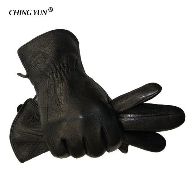 

2018 new winter man deer skin leather gloves male warm soft men' glove black three lines design men mittens sheep hair lining y200110, Blue;gray