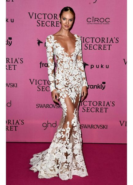 

zuhair murad new sheer lace evening dresses long sleeves v neck appliques long candice swanepoel wears illusion prom celebrity party gowns, Black;red
