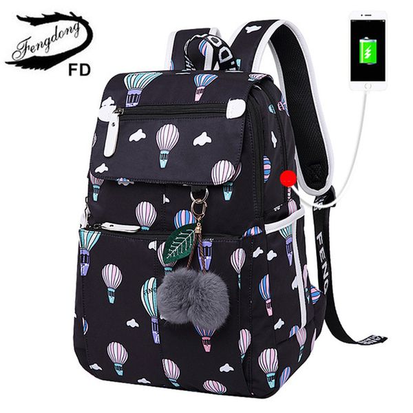 

fengdong women printing cute backpacks for teenage girls school bags black usb backpack travel bags female fashion lapbag