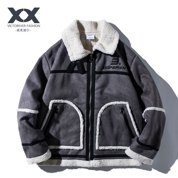 

imitation lamb hair plus velvet jacket male trend youth lapel stitching jacket casual warm, Black