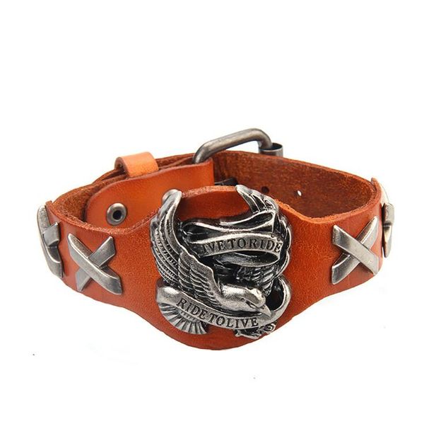 

wholesale-leather stitching pin buckle men's bracelet eagle alloy jewelry couple bracelet wholesale, Golden;silver
