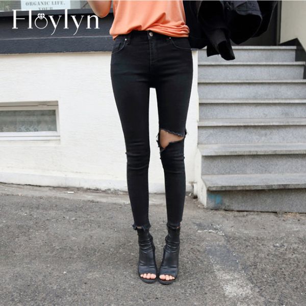 

floylyn summer irregular stretch ripped holes denim jeans women skinny tassel high waist pants capris female pencil jeans 2020, Blue