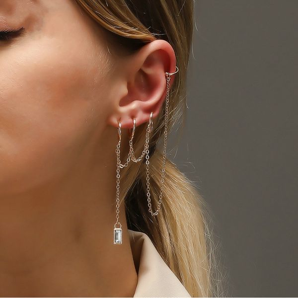 

r-shining fine jewelry women's personality earrings metal crystal earrings multi-layer chain ear clip single stud, Silver