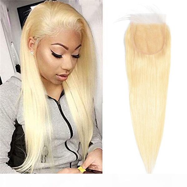 

malaysian human hair 4x4 lace closure with baby hair straight 613# color blonde lace closure four by four 10-22inch, Black