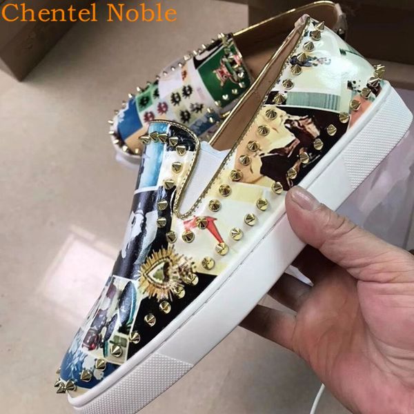 

brand chentel noble leather gold studded irregular pattern men casual shoes party shoes men flats sneakers slip-on t200413, Black