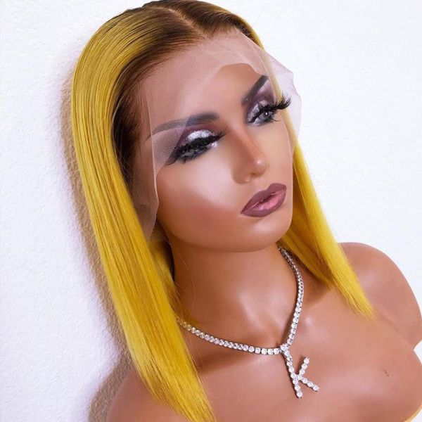 

ombre brown yellow 13x6 lace front human hair wigs pre plucked natural hairline brazilian 180density full lace wigs for women, Black;brown