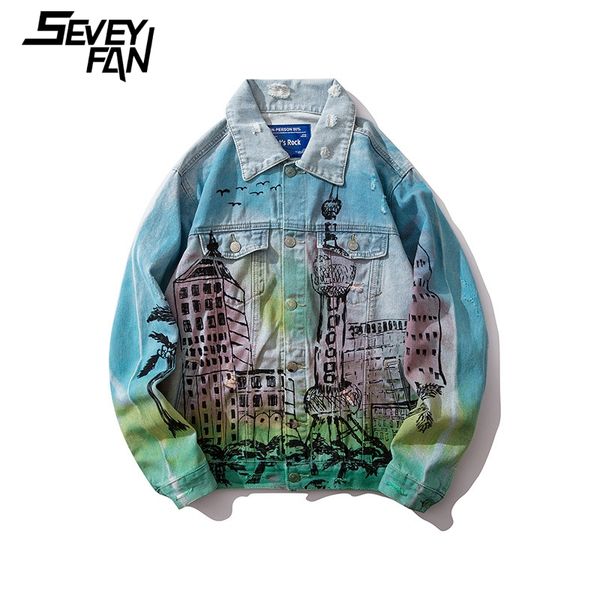 

seveyfan tie dye ripped denim jackets men's oversize tower printed gradient jeans coat hip hop brand jackets streetwear, Black;brown