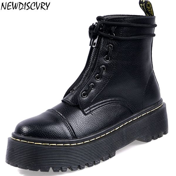 

newdiscvry leather women's platform boots 2019 fashion front zipper women short boot casual ladies chunky shoes, Black