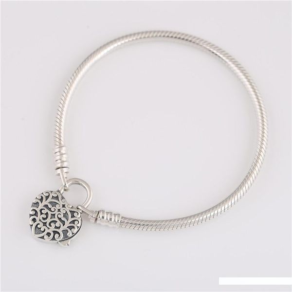 

925 sterling silver bracelet, 925 silver snake bone chain, original bracelet,moments smooth regal heart padlock clasp bracelet, Black