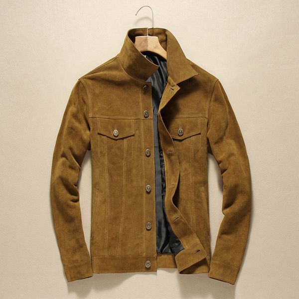 

genuine leather jacket men real cowhide slim casual coat button soft suede real leather motorcycle jacket quality, Black