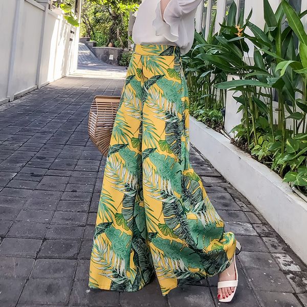 

fashion high waist pants 2018 summer women's boho style printed trousers casual loose female wide leg pants, Black;white