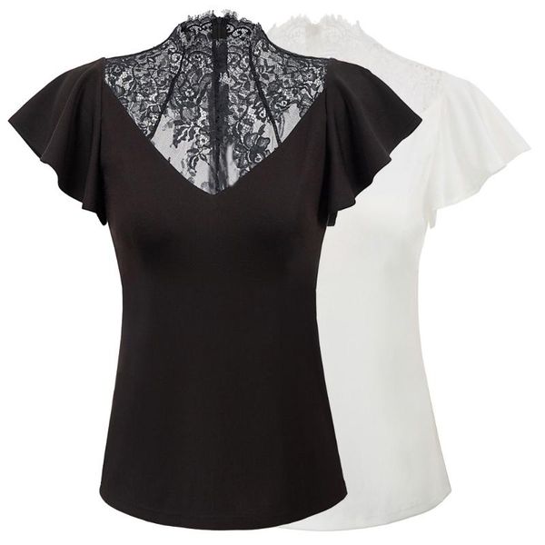 

women shirts summer lace patchwork shirt short sleeve medieval renaissance punk gothic casual ladies shirts female, White