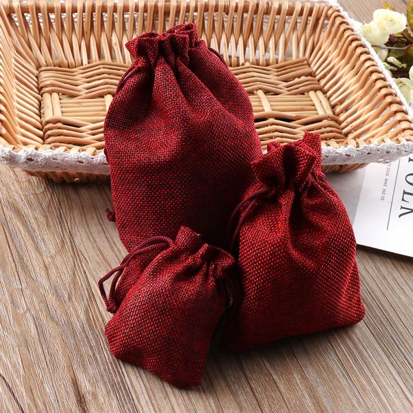 

10pcs/pack colorful 3 sizes drawstring pouch christmas pattern party wedding favor hessian burlap jute gift bags home decor