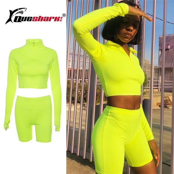 

two piece set fluorescent green running shorts suit turtleneck long sleeve bodycon sport suit casual femme tracksuit, Black;blue