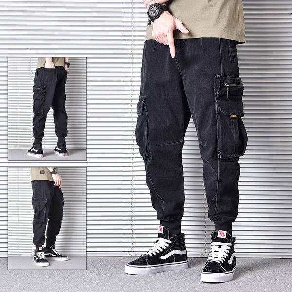 

мода streetwear мужские джинсы сыпучие fit мульти карманы штанах лучшие качества японский vintage дизайнер hip hop jeans men бегуны, Blue