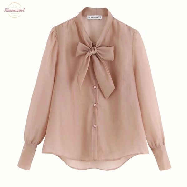 

2020 women elegant bow tie decoration transparent casual organza smock blouse shirts women long sleeve leisure blusa ls4026, White