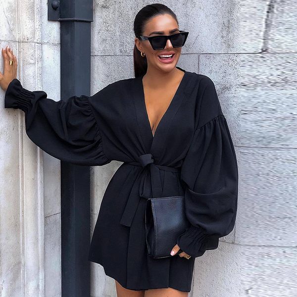 

autumn deep v-neck loose mini black shirt dress women long lantern sleeve swing office lady party dresses elegant, Black;gray
