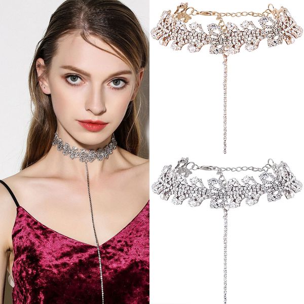 

new fashion designer glittering beautiful luxury full rhinestone diamond flower tassel statement choker necklace for woman
