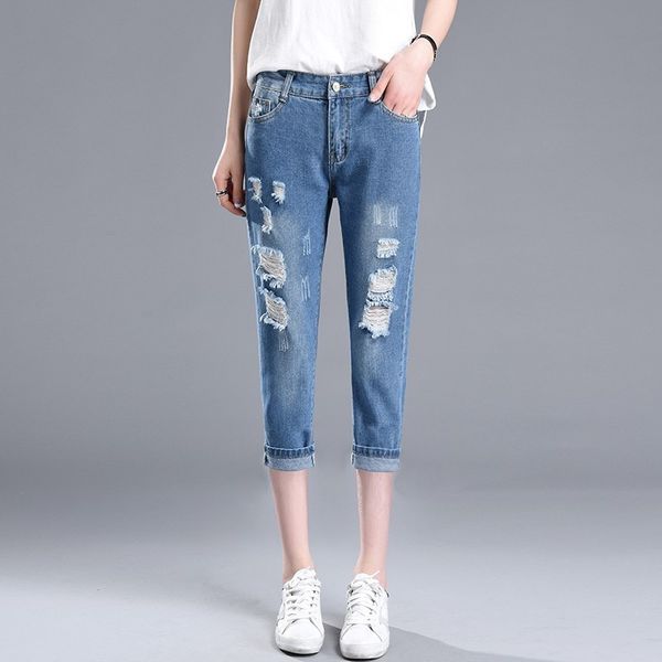 

spring autumn vintage harem jeans for woman high waist 2019 summer ripped hole capris calf-length denim pant, Blue