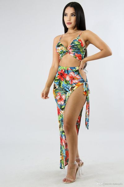 

summer holiday women dresses beach floral print female holiday bras split up dress 2pcs club clothing sets, Black;gray