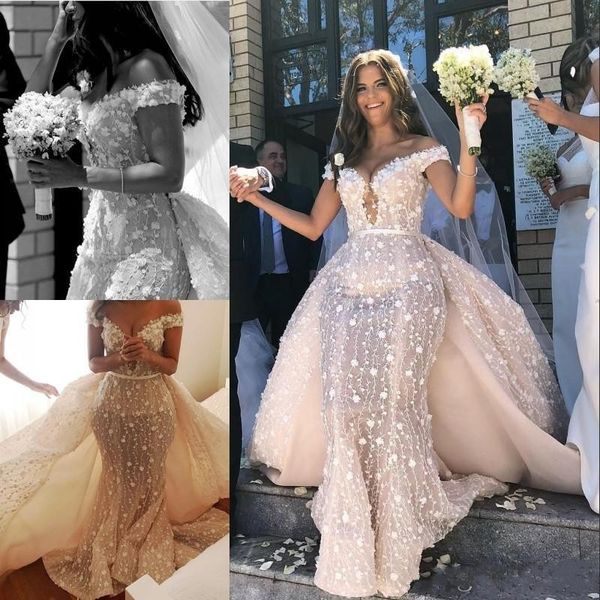 

lace mermaid wedding dresses with detachable train off the shoulder 3d floral bridal gowns charming saudi arabia long robe de mariee, White