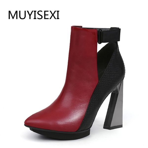 

autumn boots for women ankle boots pointed toe platform 11cm extreme high heels genuine leather women hl119 muyisexi, Black