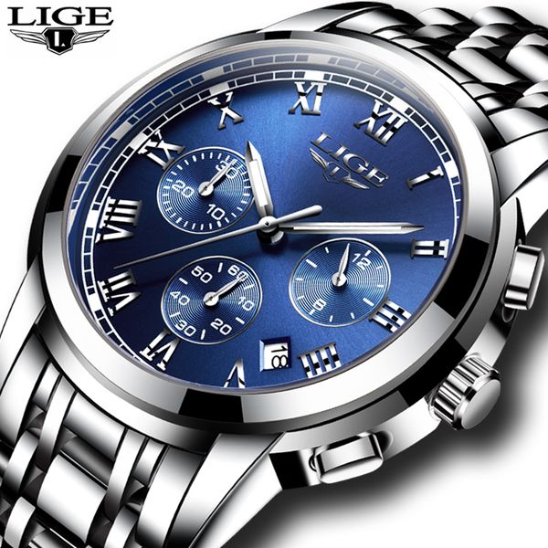 

2019 lige watch men waterproof stainless steel luxury analogue quartz watches chronograph date sport wrist watches reloj hombre, Slivery;brown