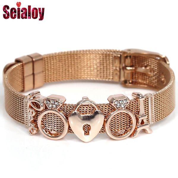 

rose gold stainless steel mesh watch belt bracelet for women couple lover original crown o love lock tower charm bracelet bangle, Golden;silver