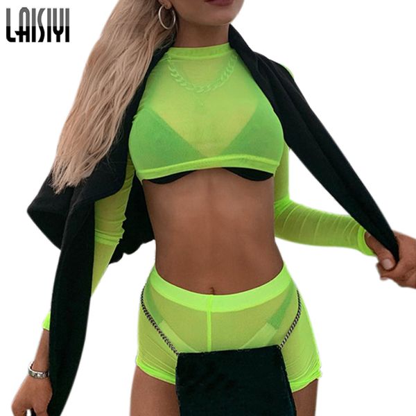 

laisiyi tracksuit women transparent sets summer two pieces set crop shorts fishnet mesh hollow out sets green assu20190, White