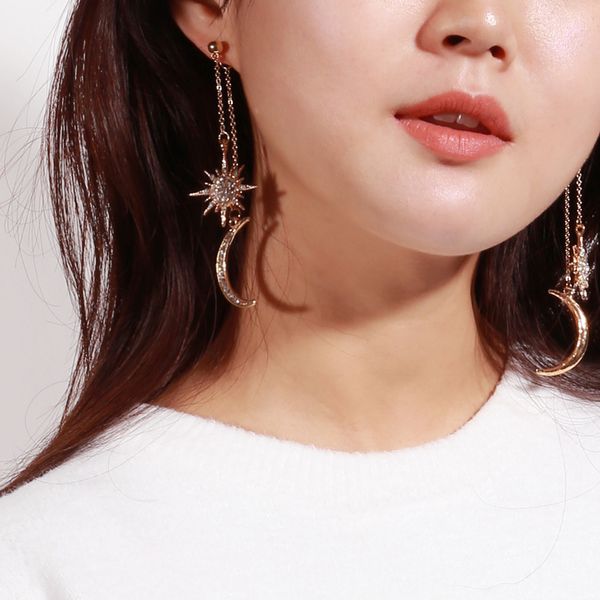 

fashion rhinestone star crescent moon dangle long drop earrings women jewelry long hanging earings fashion jewelry new arrival, Silver