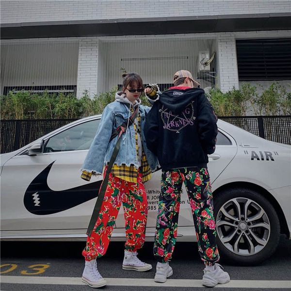 

nicemix chinese style peony print floral pants women harajuku hiphop celebrity pants new trend same show style trousers unis, Black;white
